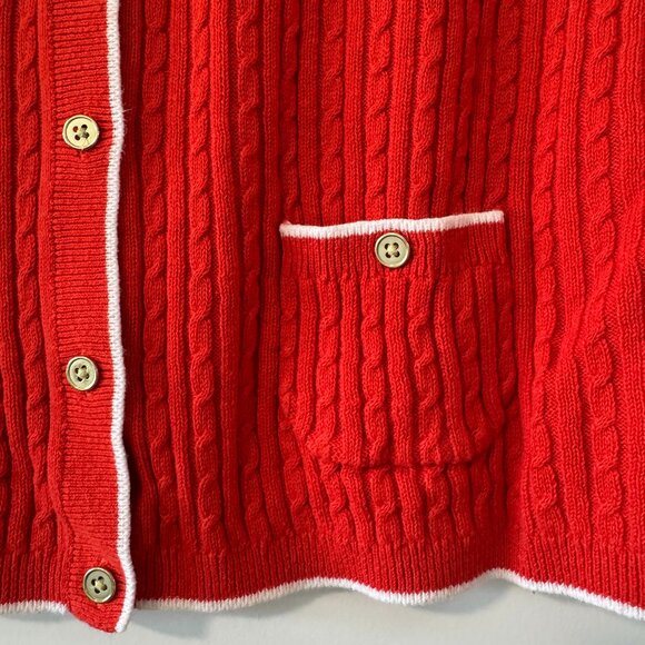 Vintage Lands' End red old-money cotton linen blend cableknit cardigan / sz M - Picture 3 of 6
